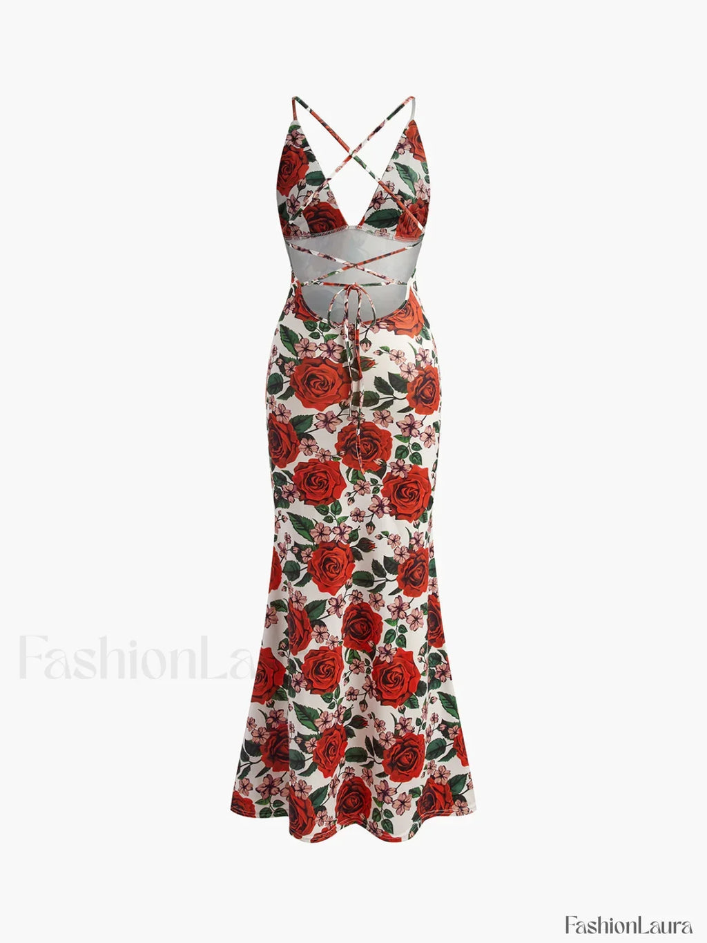 Red Backless Floral Long Dress