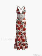 Red Backless Floral Long Dress