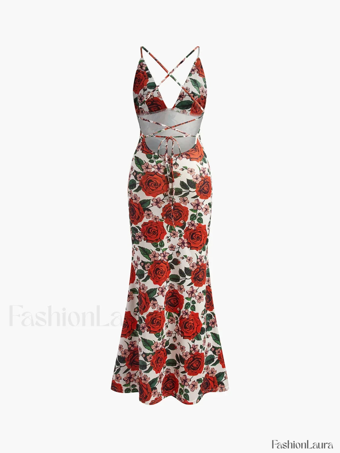 Red Backless Floral Long Dress