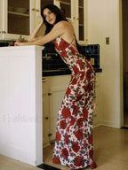 Red Backless Floral Long Dress