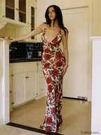 Red Backless Floral Long Dress