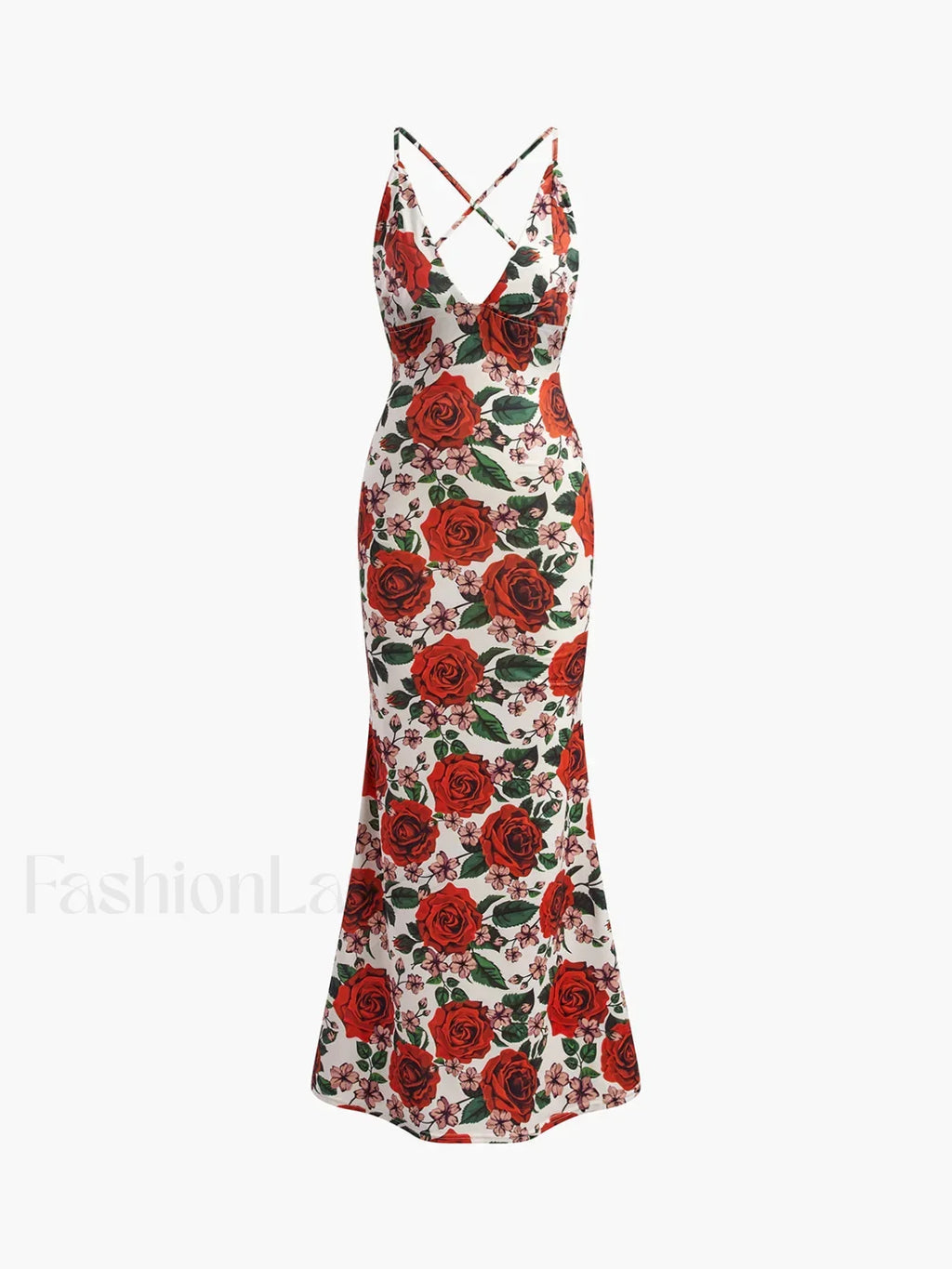 Red Backless Floral Long Dress