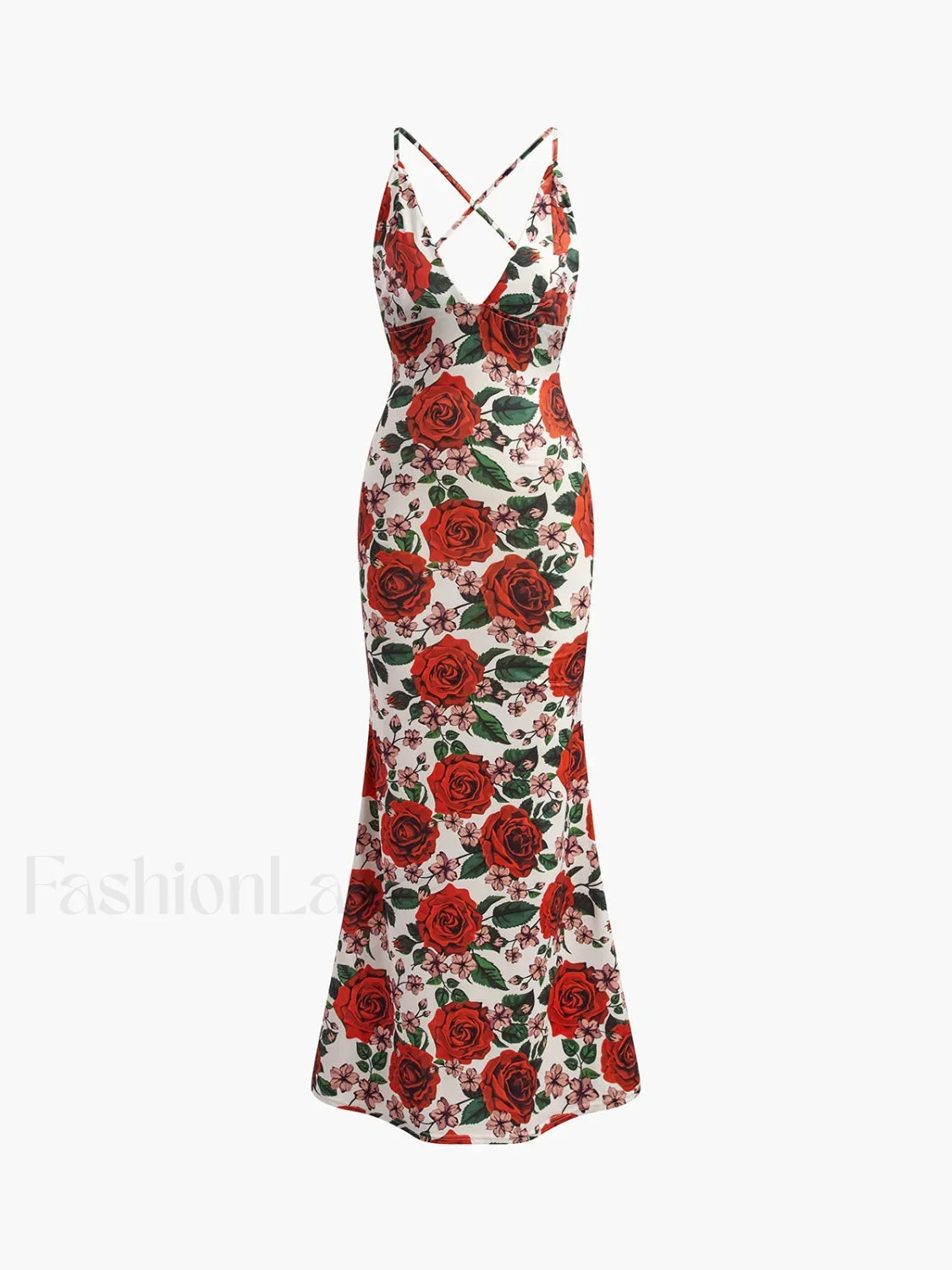 Red Backless Floral Long Dress