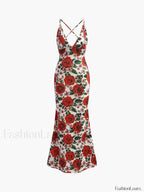 Red Backless Floral Long Dress
