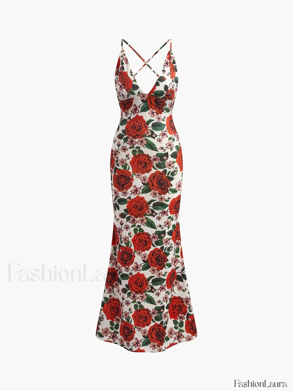 Red Backless Floral Long Dress