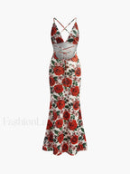Red Backless Floral Long Dress