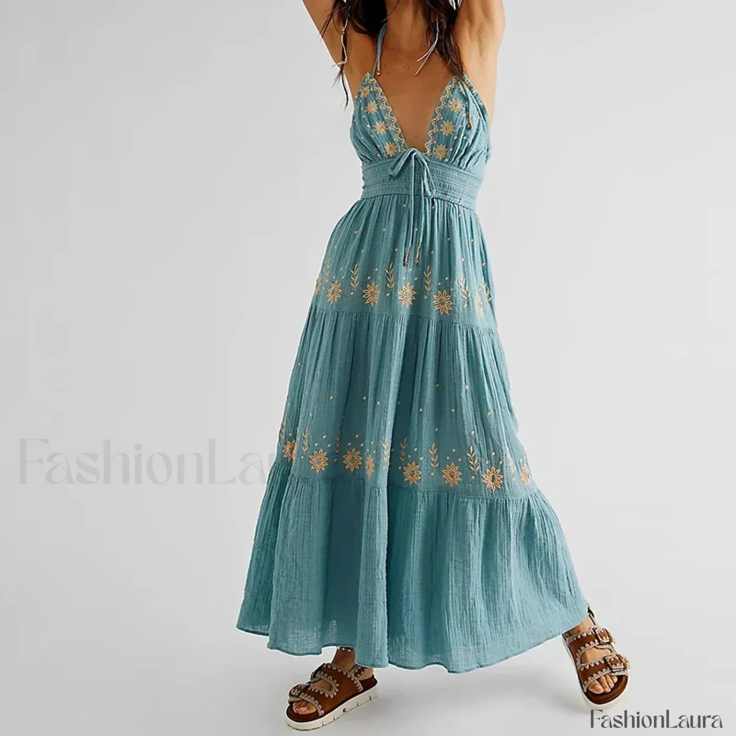 Backless Halter Embroidery Dress