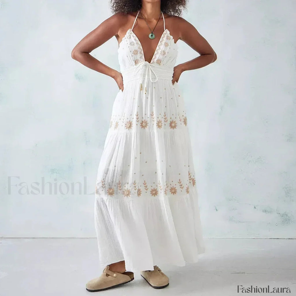 Backless Halter Embroidery Dress