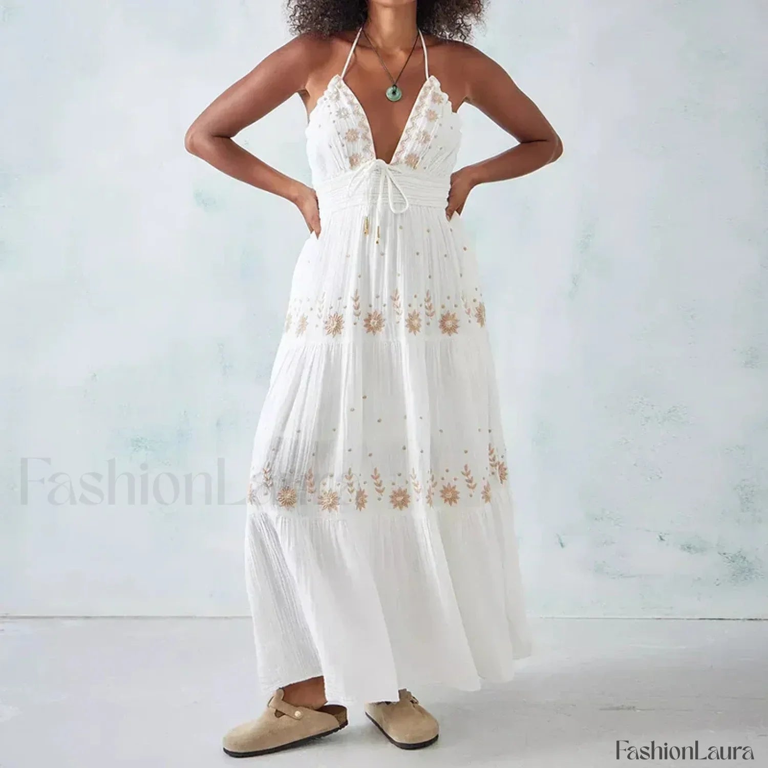 Backless Halter Embroidery Dress
