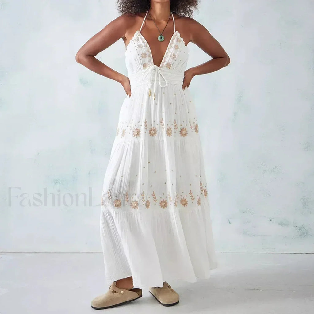 Backless Halter Embroidery Dress