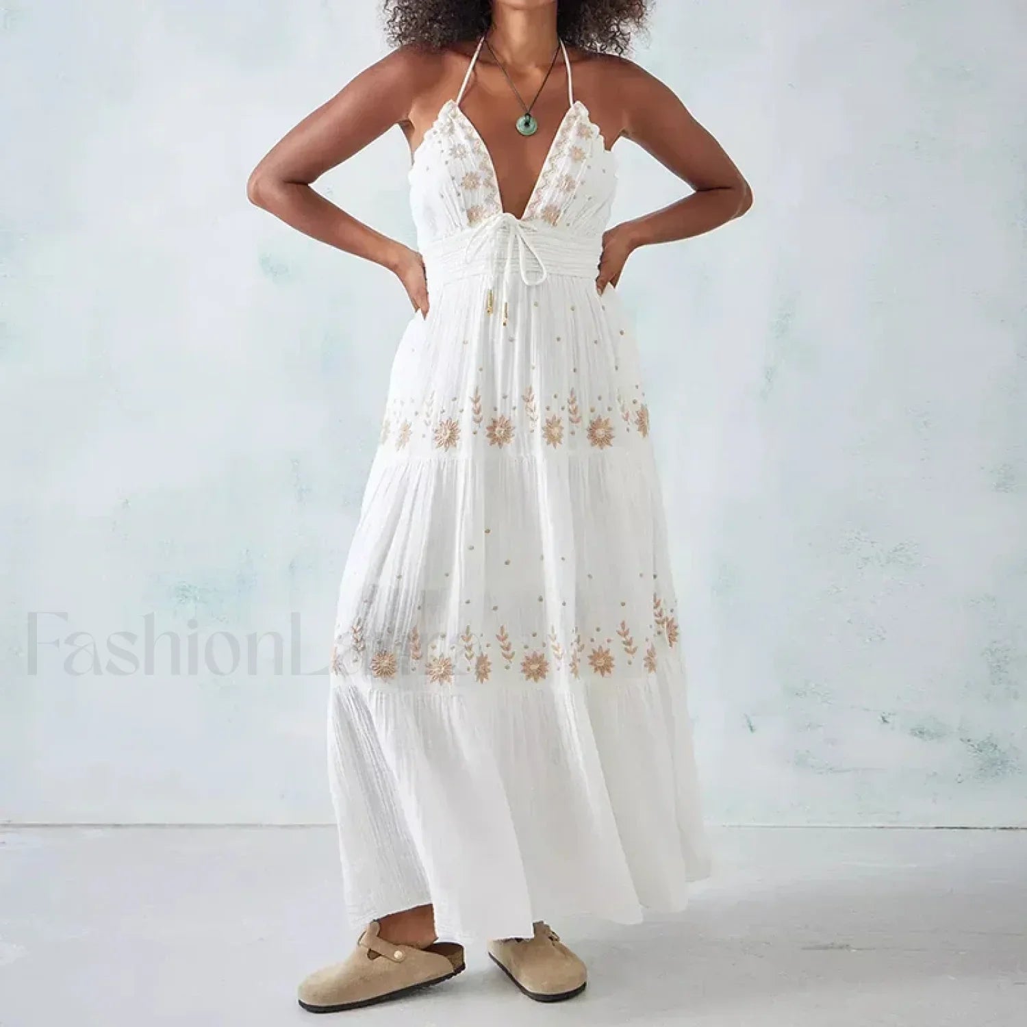 Backless Halter Embroidery Dress