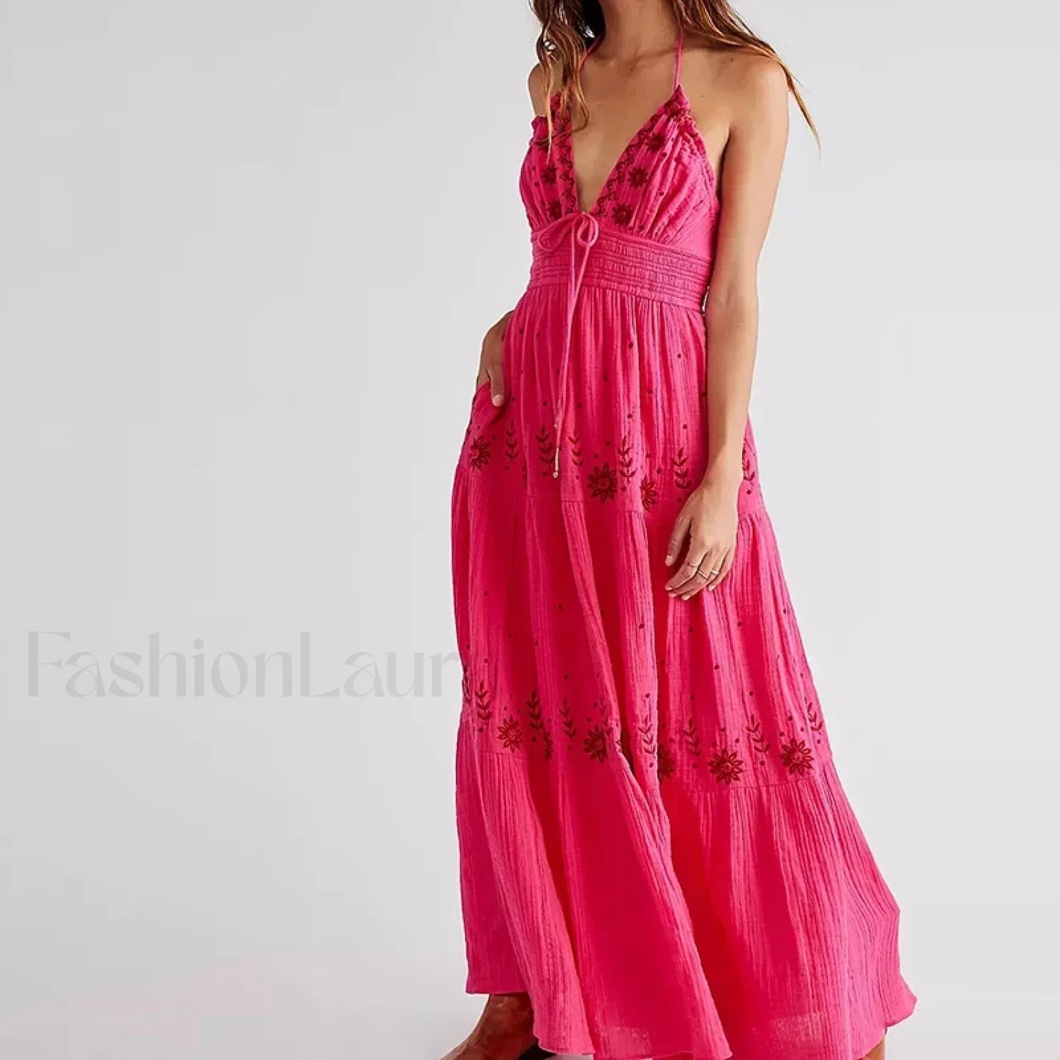Backless Halter Embroidery Dress
