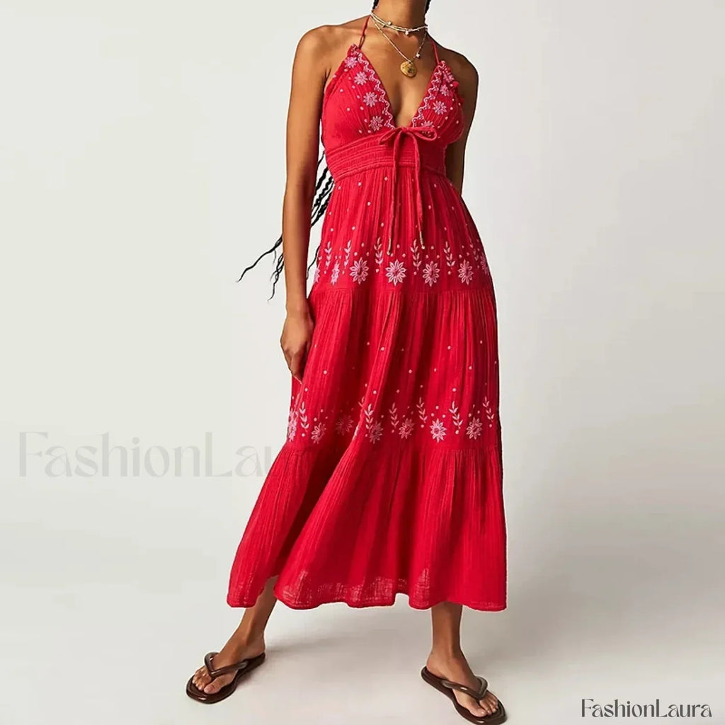 Backless Halter Embroidery Dress