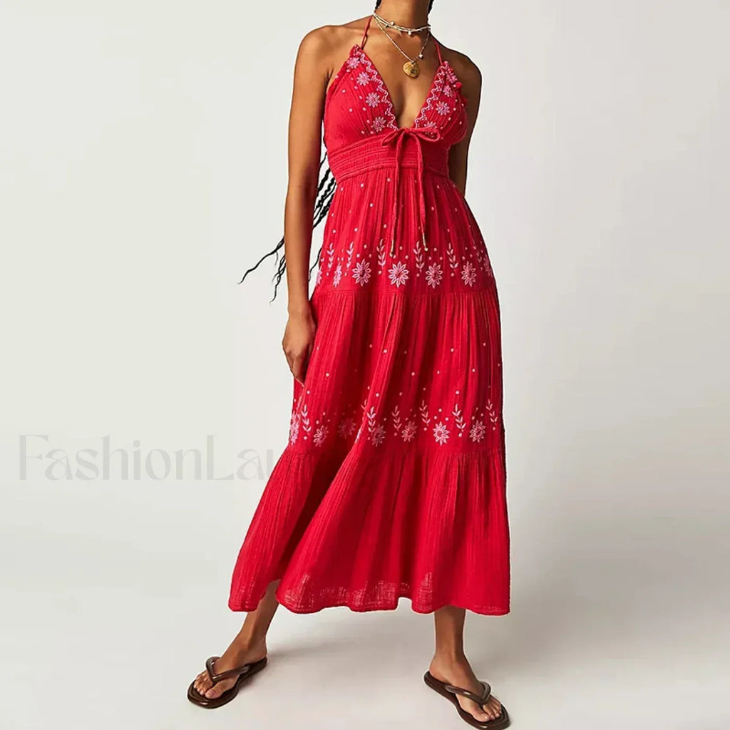 Backless Halter Embroidery Dress