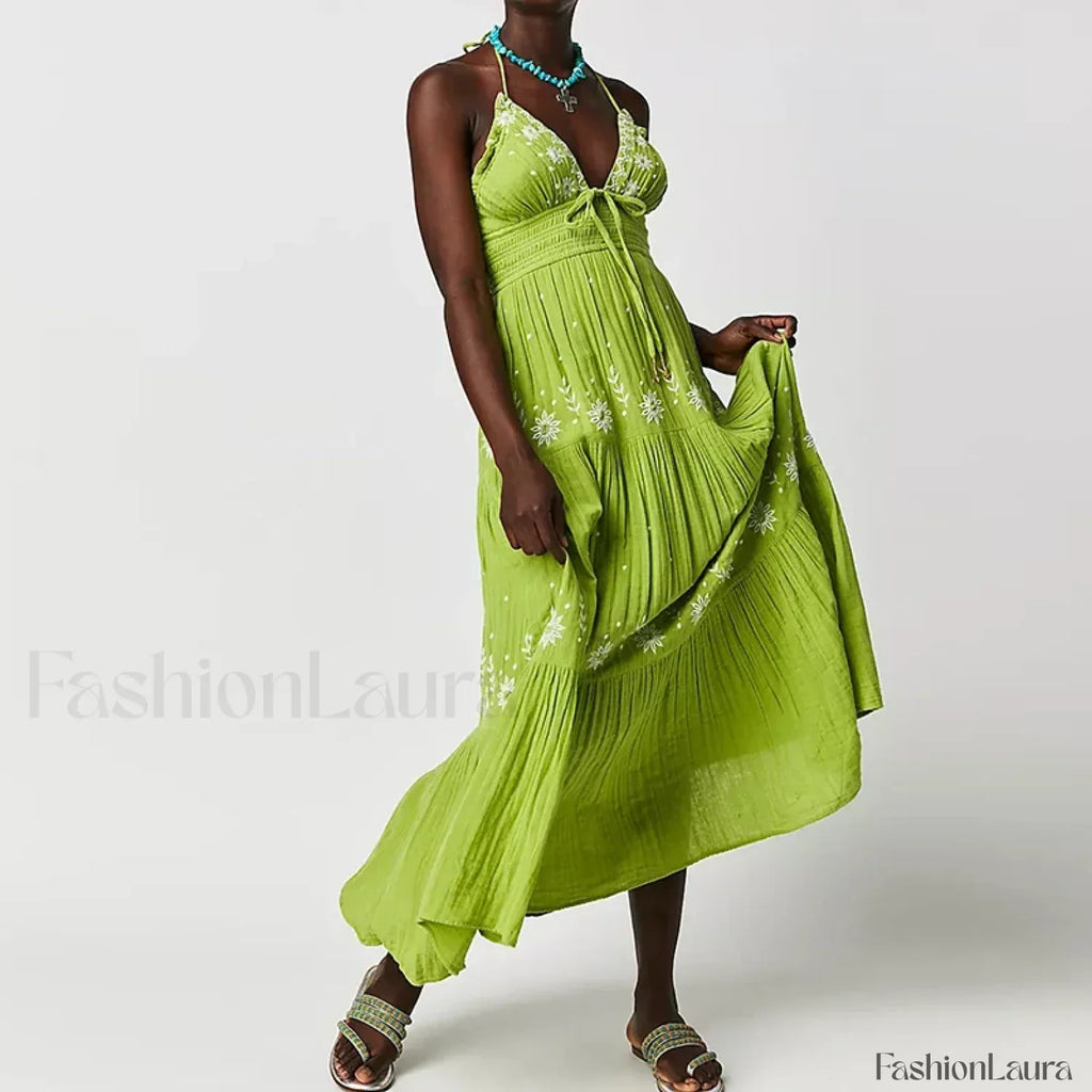 Backless Halter Embroidery Dress