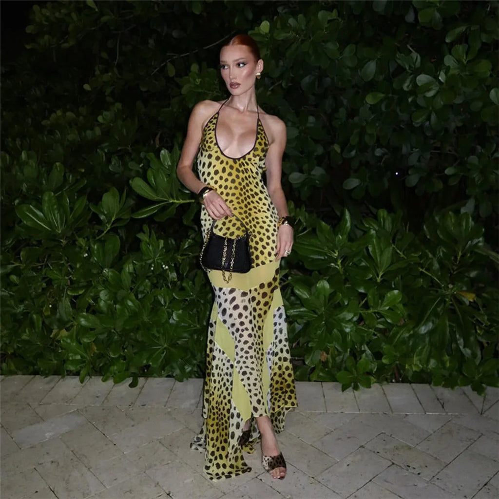 Yellow Backless Halter Neck Floral Print Slim Fit Maxi Dress
