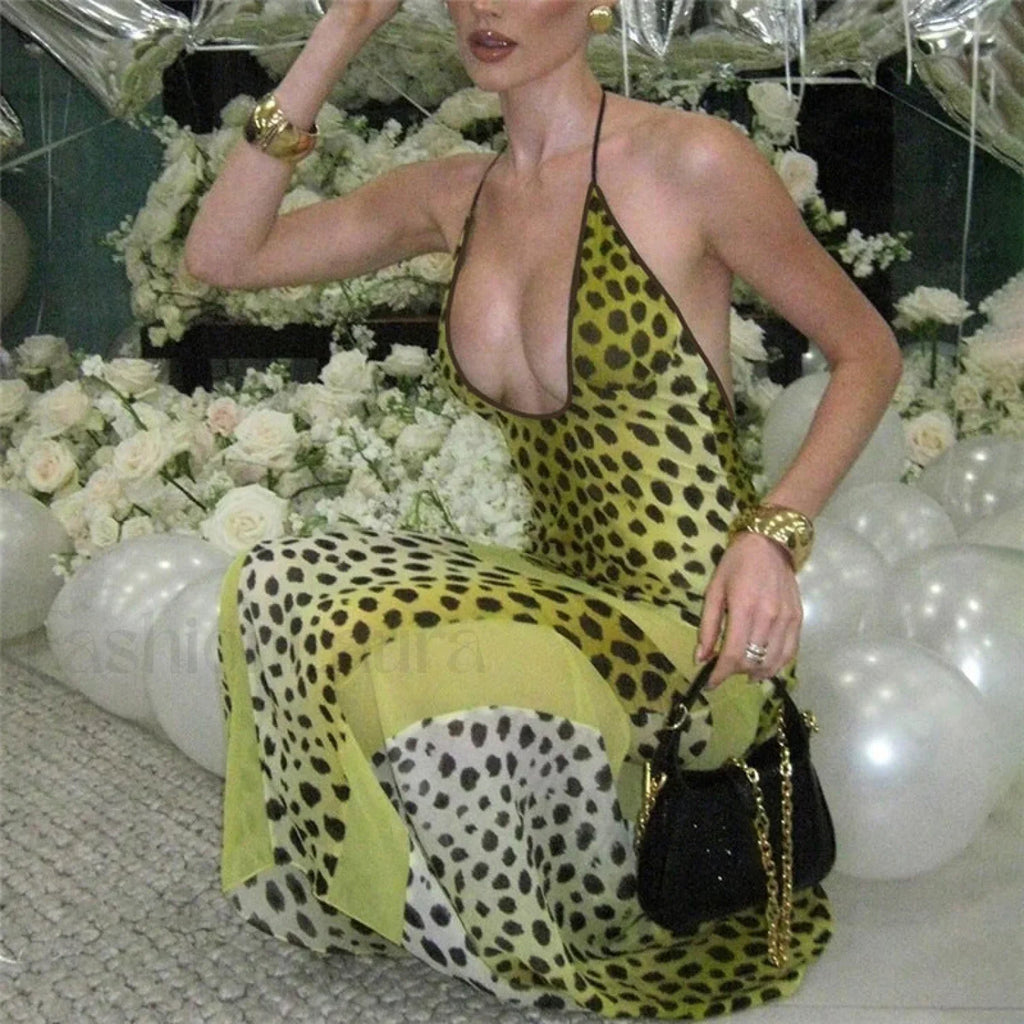 Yellow Backless Halter Neck Floral Print Slim Fit Maxi Dress