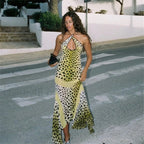 Yellow Backless Halter Neck Floral Print Slim Fit Maxi Dress