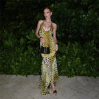 Yellow Backless Halter Neck Floral Print Slim Fit Maxi Dress
