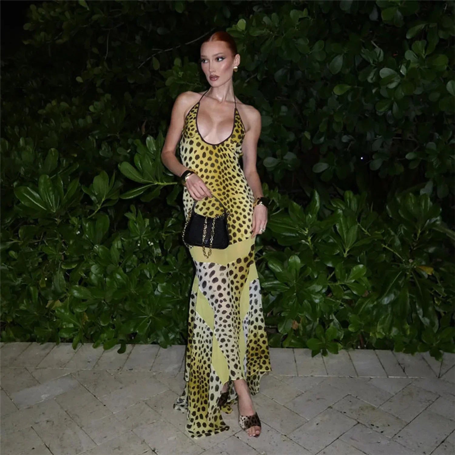 Yellow Backless Halter Neck Floral Print Slim Fit Maxi Dress
