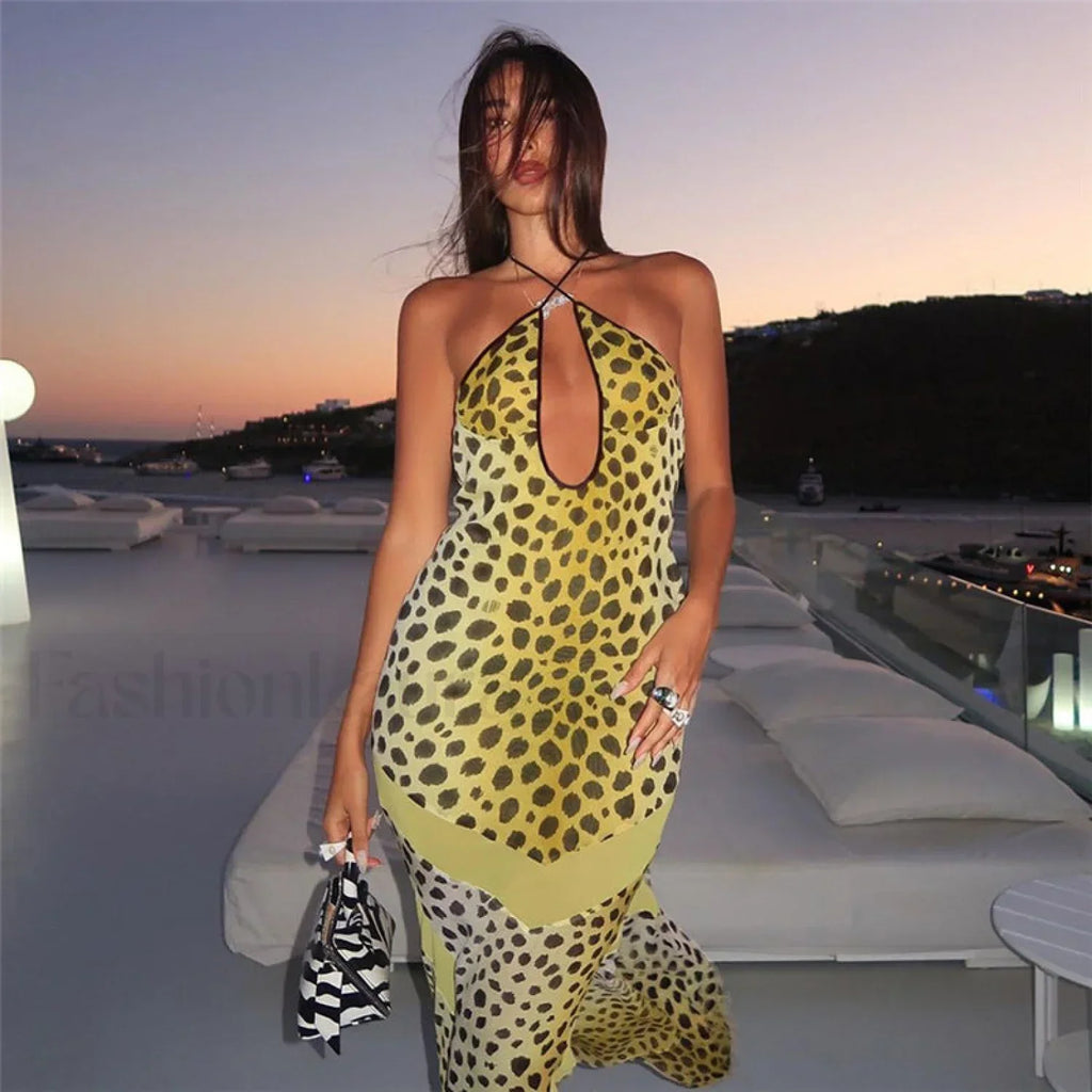 Yellow Backless Halter Neck Floral Print Slim Fit Maxi Dress
