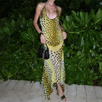 Yellow Backless Halter Neck Floral Print Slim Fit Maxi Dress