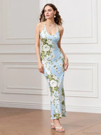 Backless Party Spaghetti Strap U-neck Bodycon Evening Floral Dress