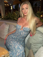 Blue Backless Spaghetti Strap Floral Dress