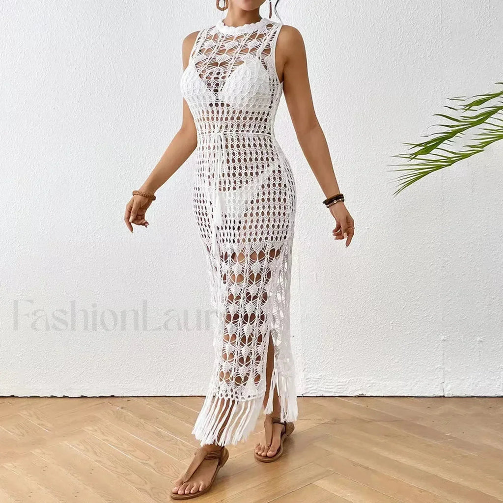 Backless Tassel Solid Dress Cover Up