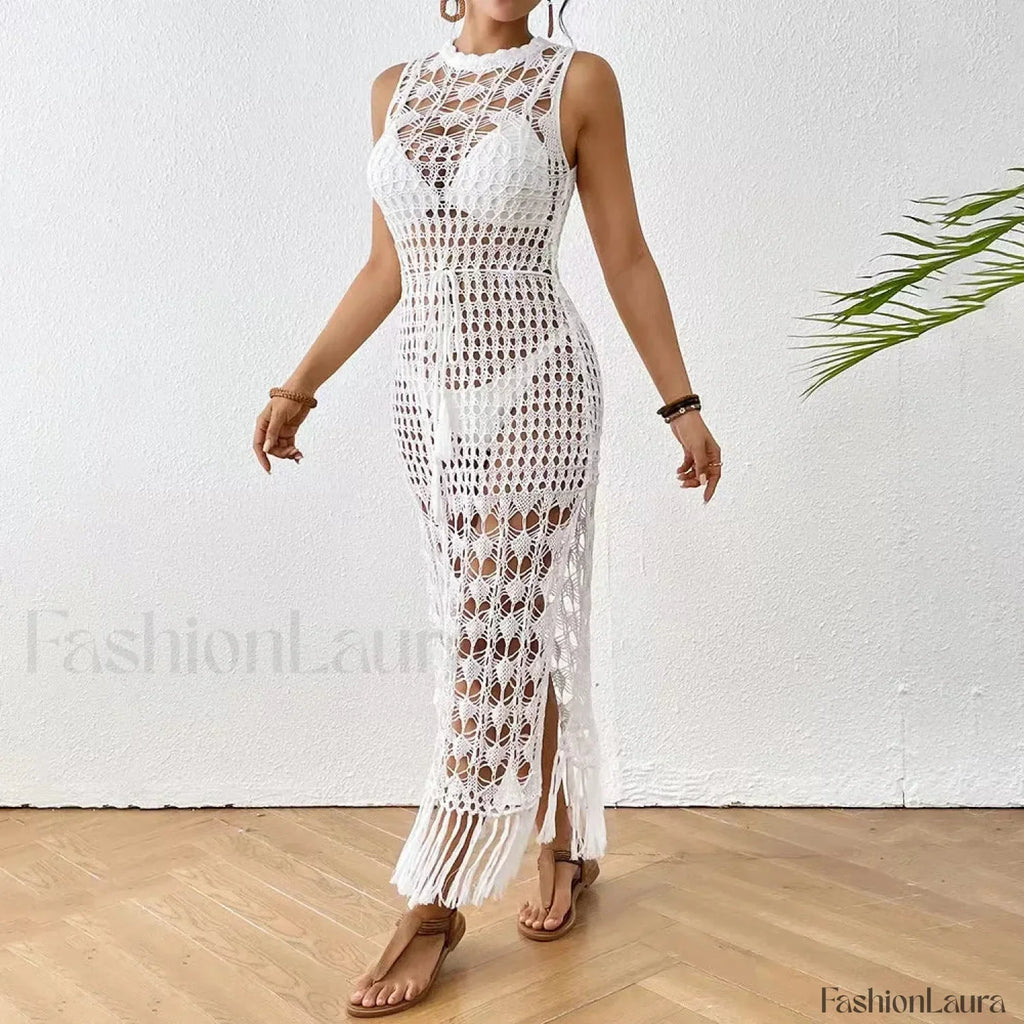 Backless Tassel Solid Dress Cover Up