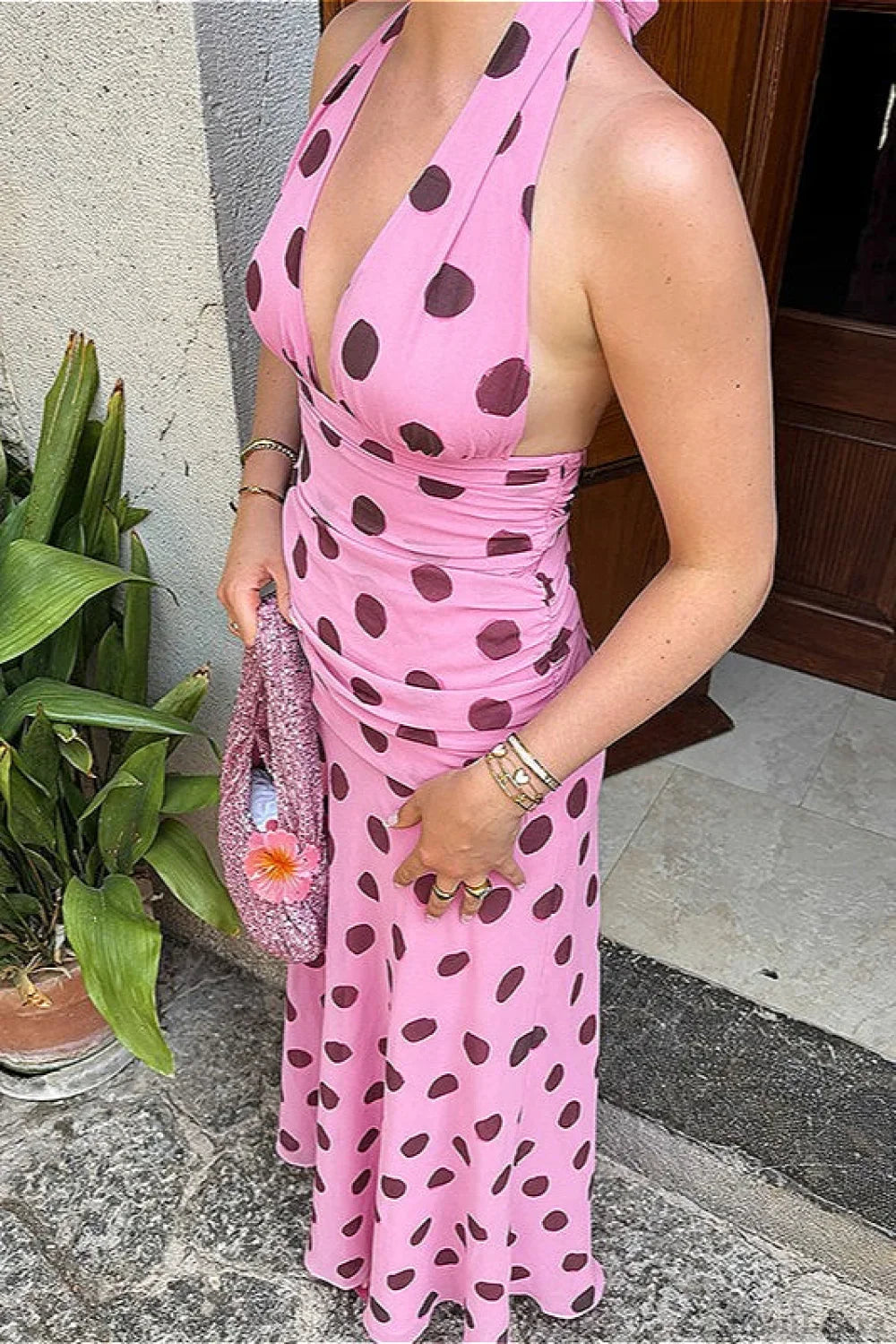 Pink Backless Tie Waist Polka Dot Maxi Dress