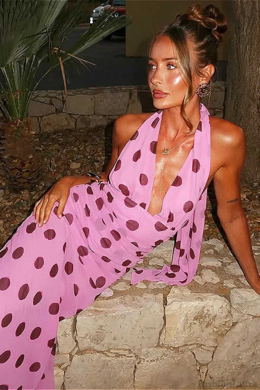 Pink Backless Tie Waist Polka Dot Maxi Dress