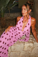 Pink Backless Tie Waist Polka Dot Maxi Dress