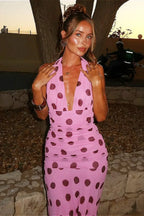 Pink Backless Tie Waist Polka Dot Maxi Dress