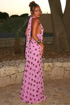 Pink Backless Tie Waist Polka Dot Maxi Dress