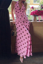 Pink Backless Tie Waist Polka Dot Maxi Dress