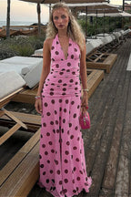 Pink Backless Tie Waist Polka Dot Maxi Dress