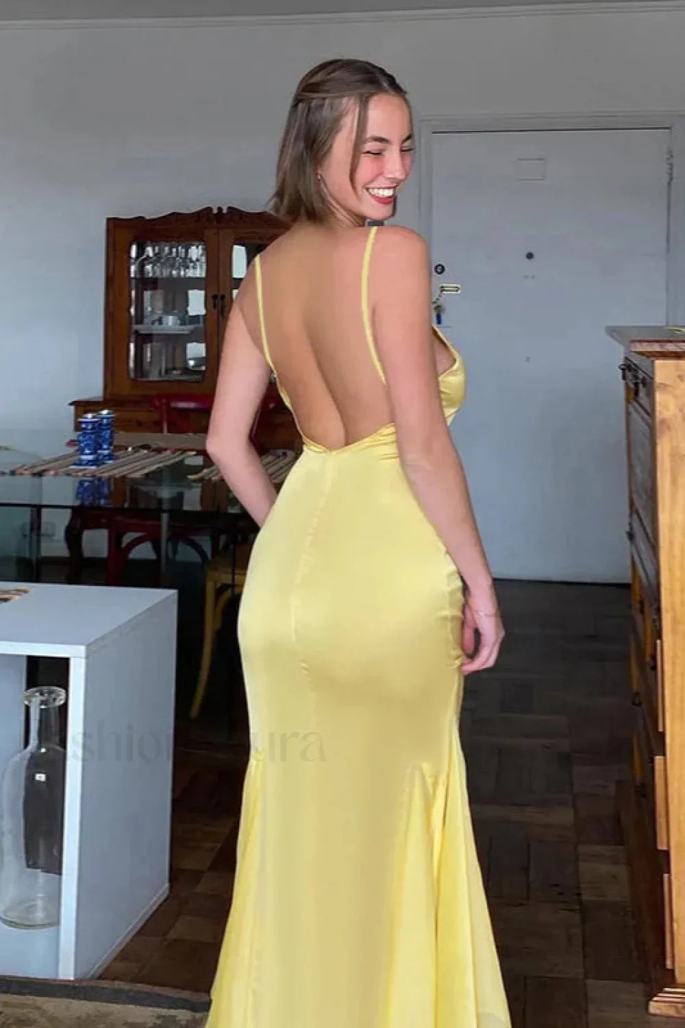 Yellow Backless Waist Slim Lotus Suspender Maxi Dress