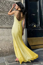 Yellow Backless Waist Slim Lotus Suspender Maxi Dress