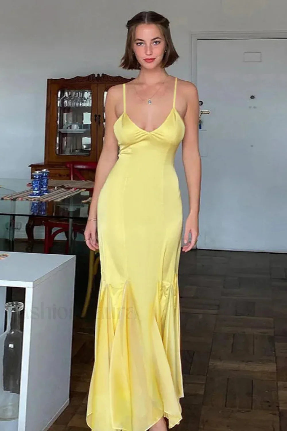 Yellow Backless Waist Slim Lotus Suspender Maxi Dress