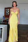 Yellow Backless Waist Slim Lotus Suspender Maxi Dress