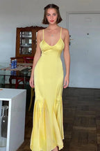 Yellow Backless Waist Slim Lotus Suspender Maxi Dress