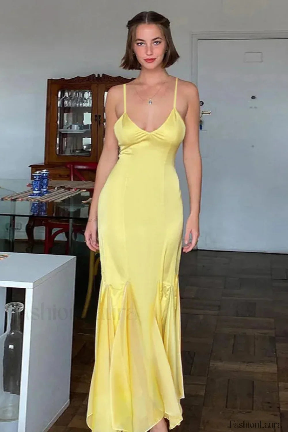 Yellow Backless Waist Slim Lotus Suspender Maxi Dress