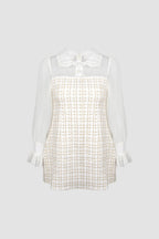 Mesh Yoke Peter Pan Collar Balloon Sleeve Tweed Pearl Trim Mini Dress