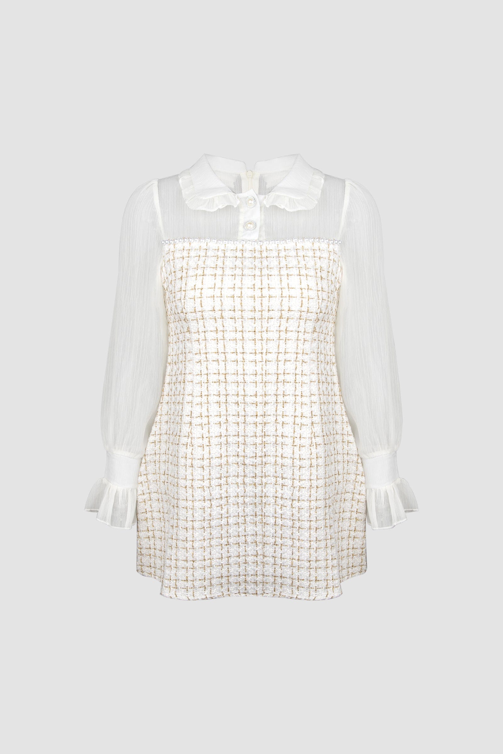 Mesh Yoke Peter Pan Collar Balloon Sleeve Tweed Pearl Trim Mini Dress