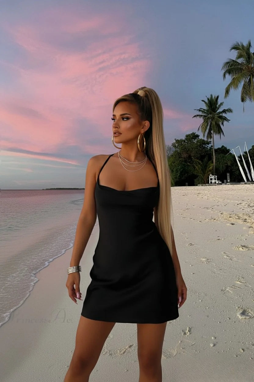 Satin Cowl Neck Spaghetti Strap Slip Mini Dress