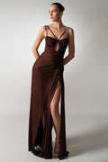 Crossover Strap Sweetheart Keyhole Ruched Drape Thigh Slit Maxi Dress