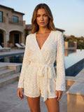 Sequin Textured V Neck Tie Waist Flare Sleeve Party Jumpsuits For Women 2026