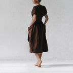 Women's Fashion V Neck Belt High Waist Short Sleeves Cotton- Linen Dress