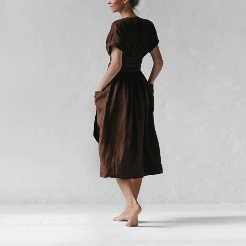 Women's Fashion V Neck Belt High Waist Short Sleeves Cotton Linen Dress
